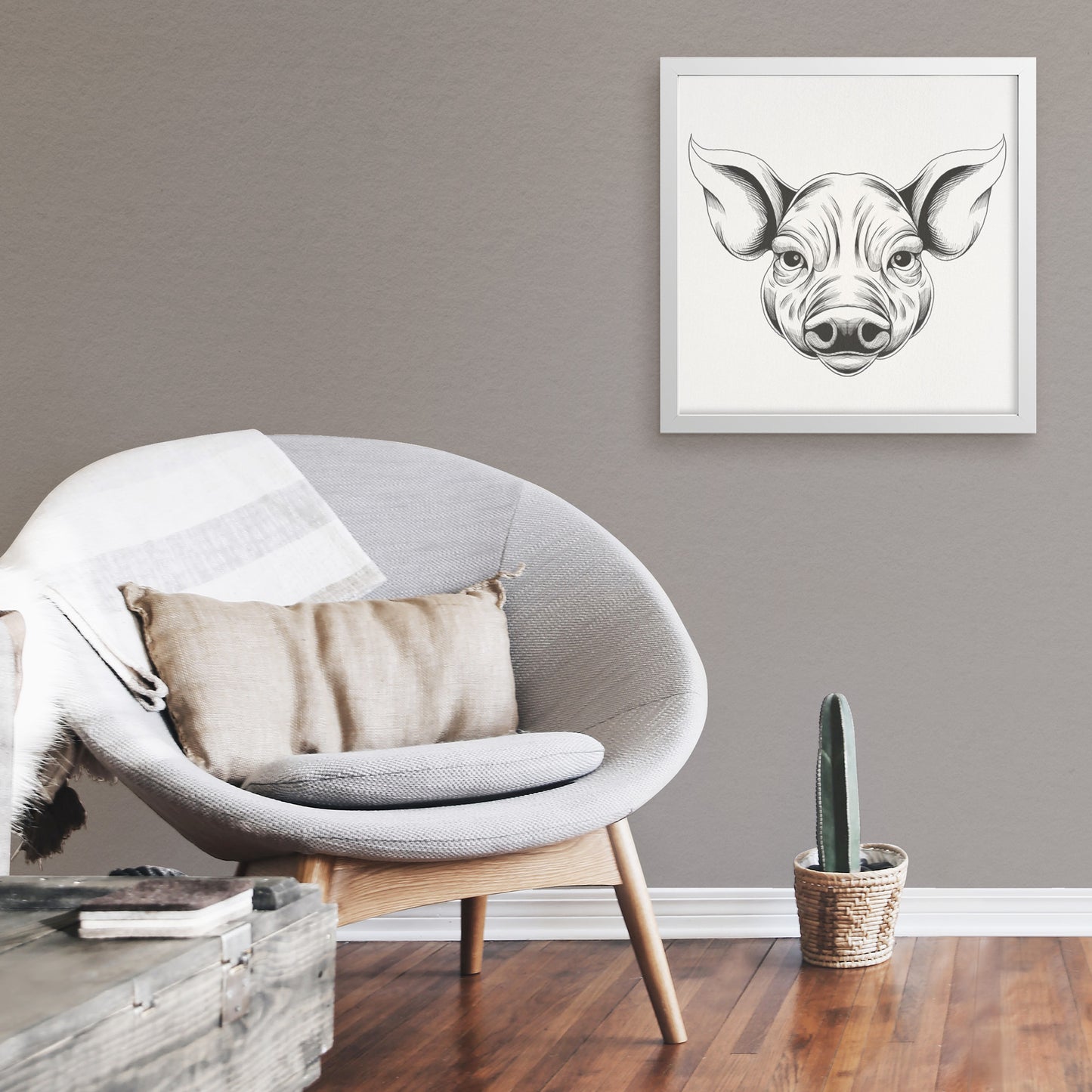 Pig hand sketch framed canvas